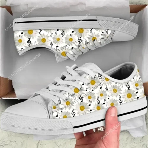 White Daisy & Music Note Sneakers - Floral Sheet Music Canvas Shoes for Women