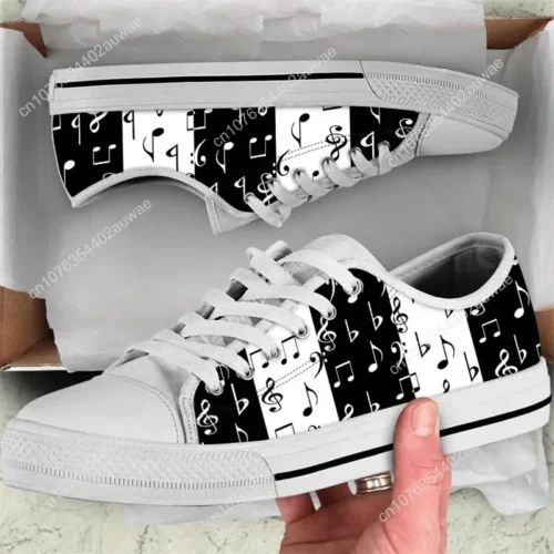 White Music Note Canvas Sneakers - Monochromatic Sheet Music Shoes for Musicians