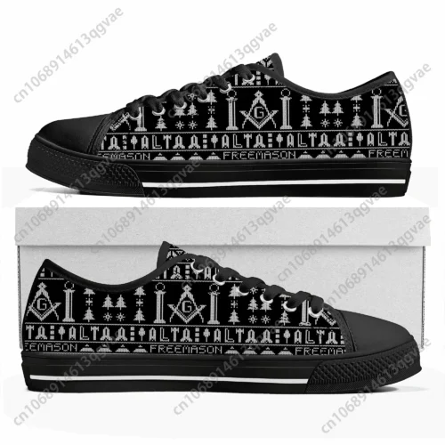 Freemasonry Square and Compasses Sneakers - Men's & Women's Black Canvas Low Tops, Masonic Ugly Sweater Pattern Shoes, Unique Brother Mason Gift