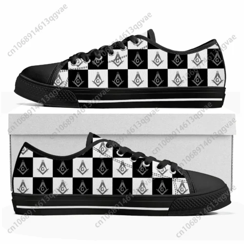 Freemasonry Checkerboard Sneakers - Custom Black & White Masonic Shoes, Square and Compasses Print, Men's & Women's Low Top Canvas Footwear